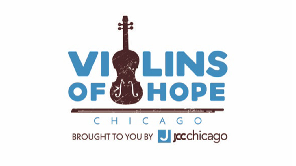 blue text that says Violins of Hope with brown violin graphic on top of a white background