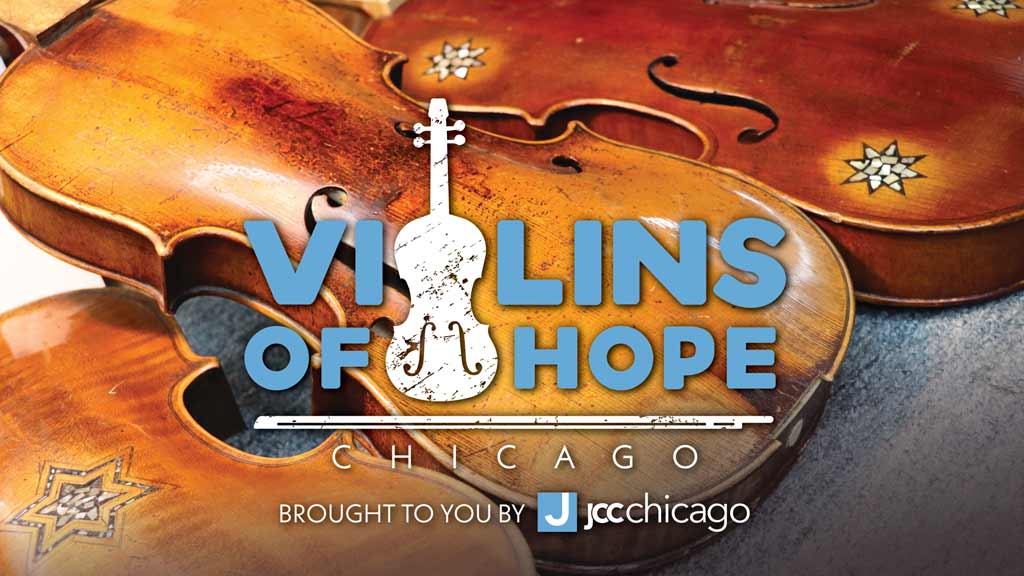 "violins of hope" in blue text and a white violin graphic with a photo of violins in the background