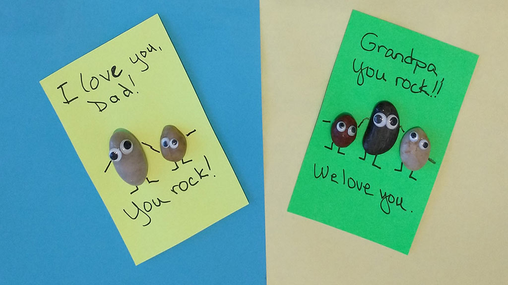 Two cards for dad and grandpa with rocks and googly eyes and text "You rock!"