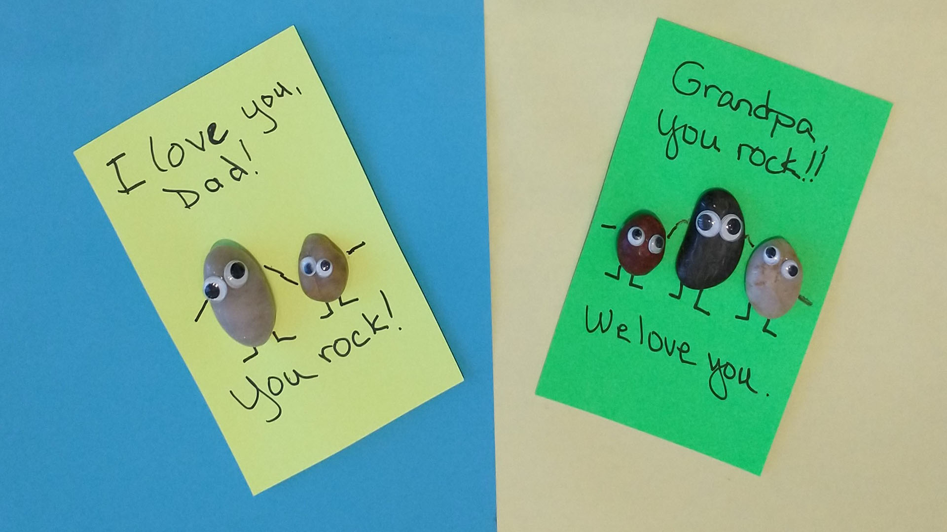 Two cards for dad and grandpa with rocks and googly eyes and text
