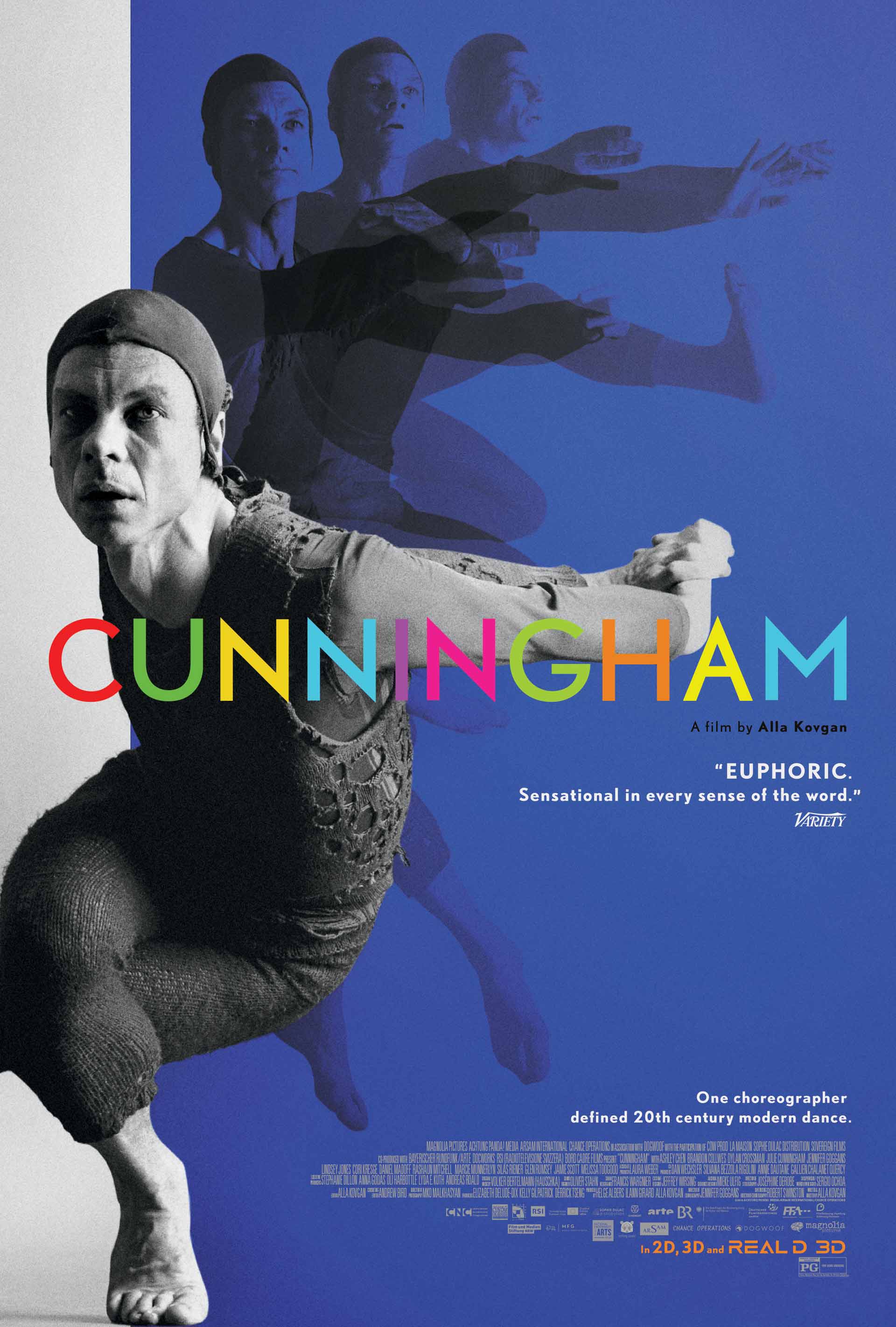 Theatrical poster with a black and white collage of a dancer in various poses on a blue background