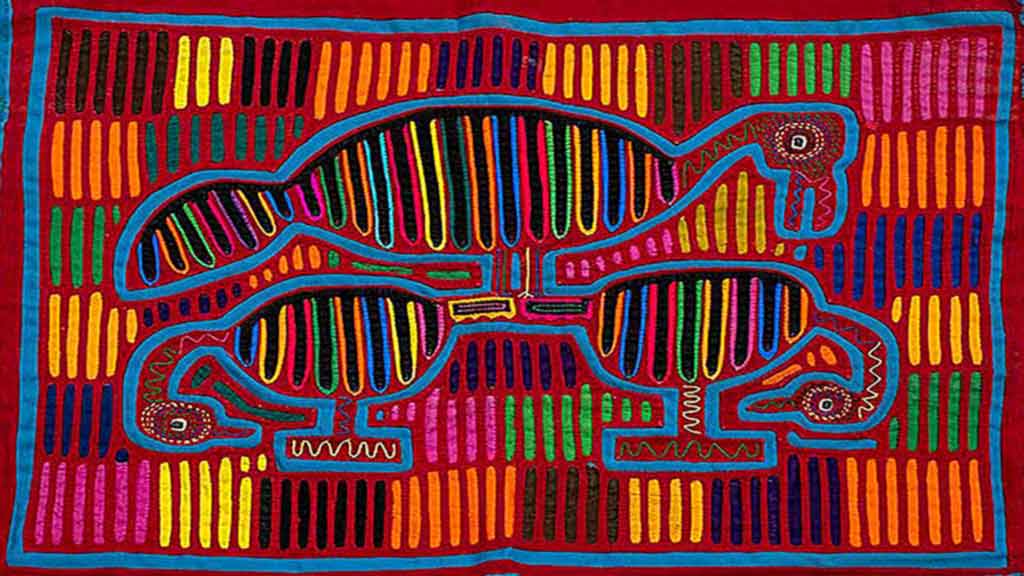 multicolored mola design with bird design of one bird on top of two more bird when heads bent down
