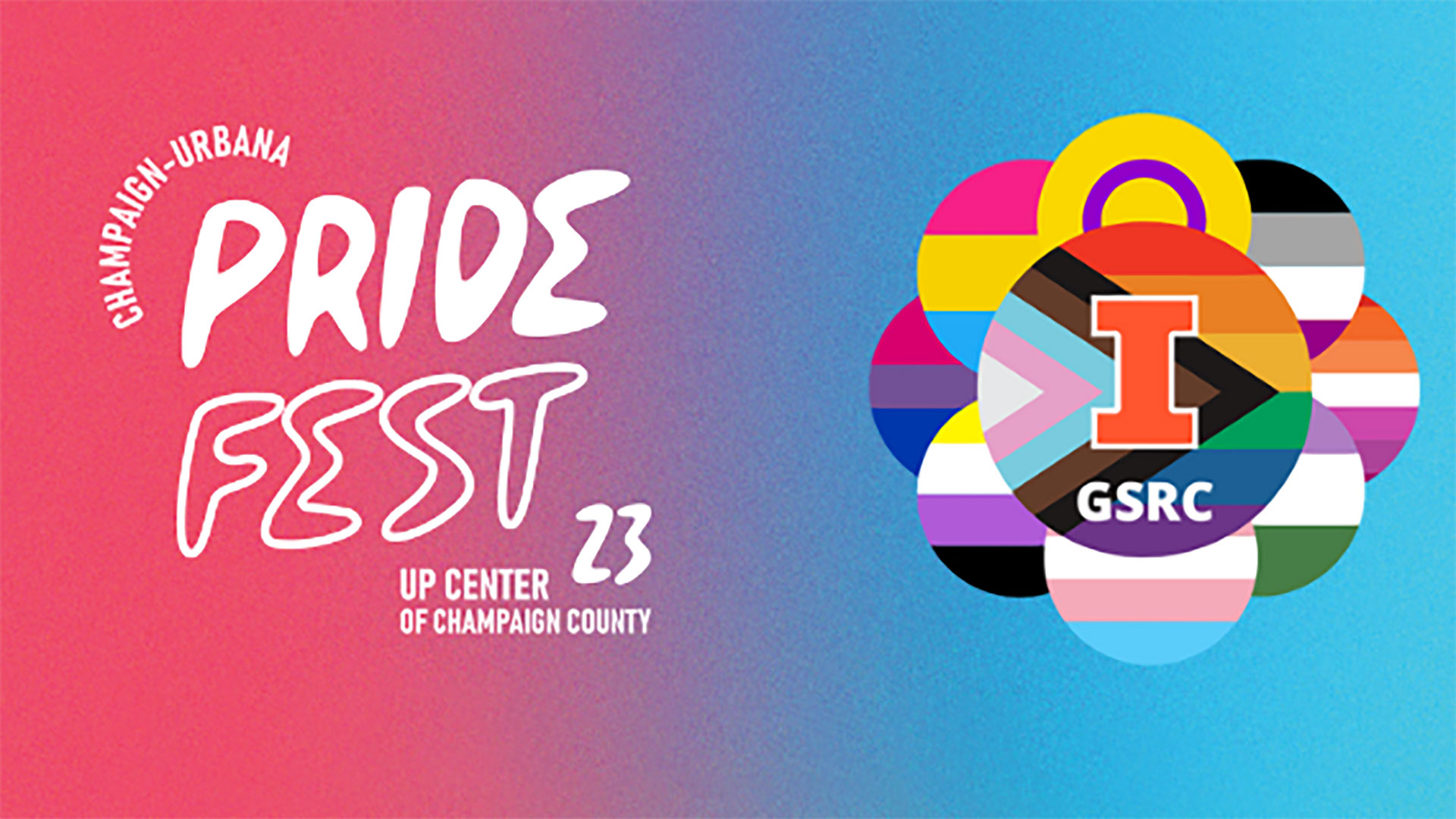 pink and blue background with Pride Fest logo and various circular pride flags