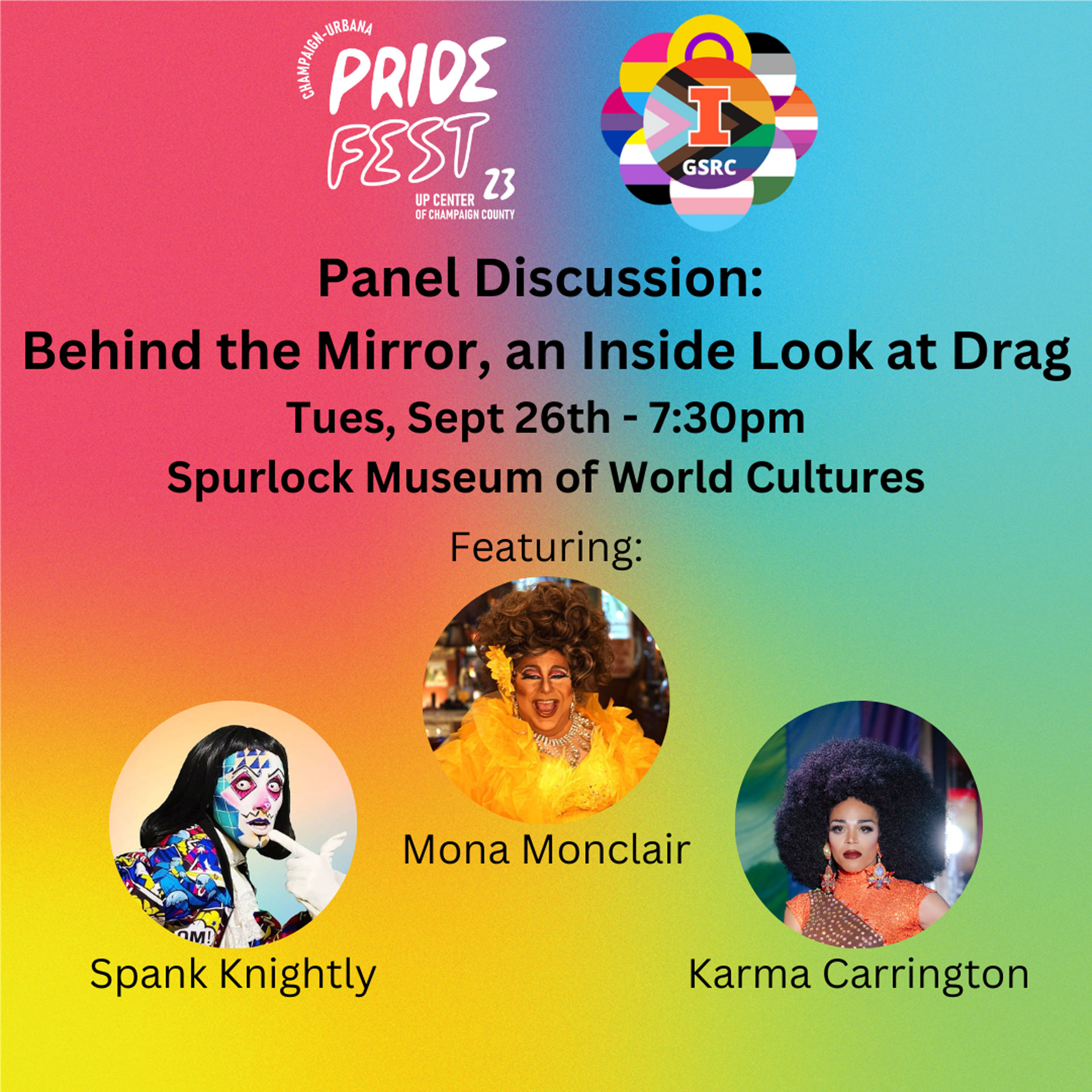 bright rainbow background with 3 circular portraits of drag queens