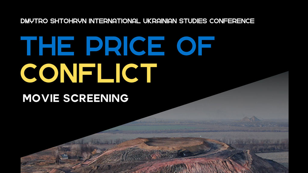 image of a canyon landscape on a black background with yellow and blue text saying "The Price of Conflict"