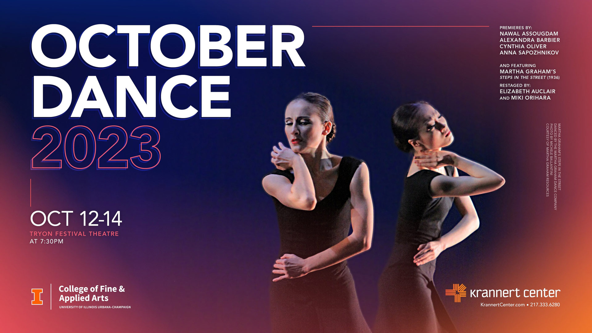 cut out images of two women dancing on a blue and orange gradient background with text relaying info in event posting