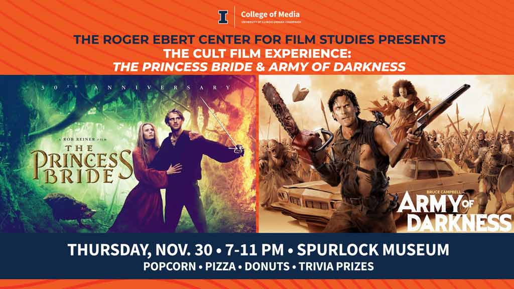 movie posters for "the Princess Bride" and "Amry of Darkness" on orange background with text relaying info in event post