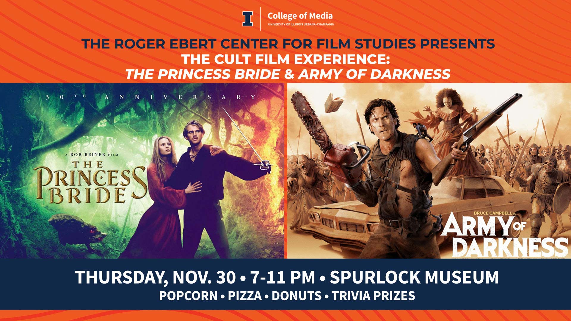 movie posters for "the Princess Bride" and "Amry of Darkness" on orange background with text relaying info in event post