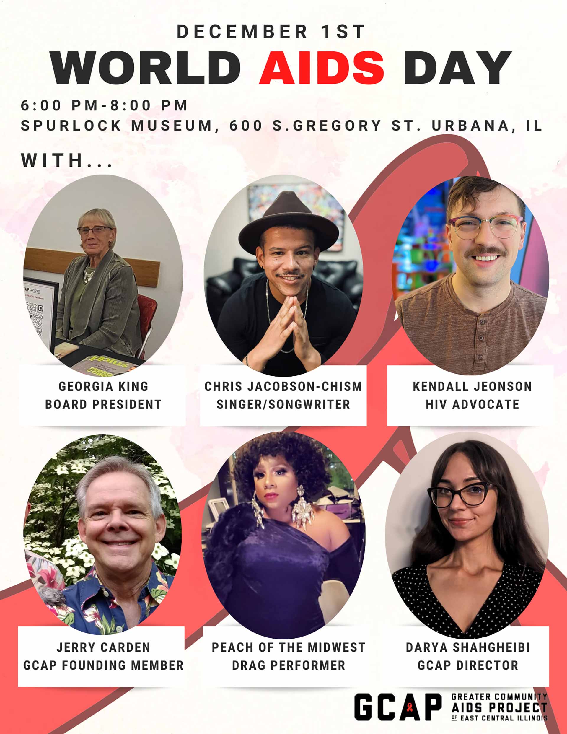 event flyer with headshots of collaborators: georgia king, chris jacobson-chism, kendall jeonson, jerry carden, peach of the midwest, and darya shahgheibi