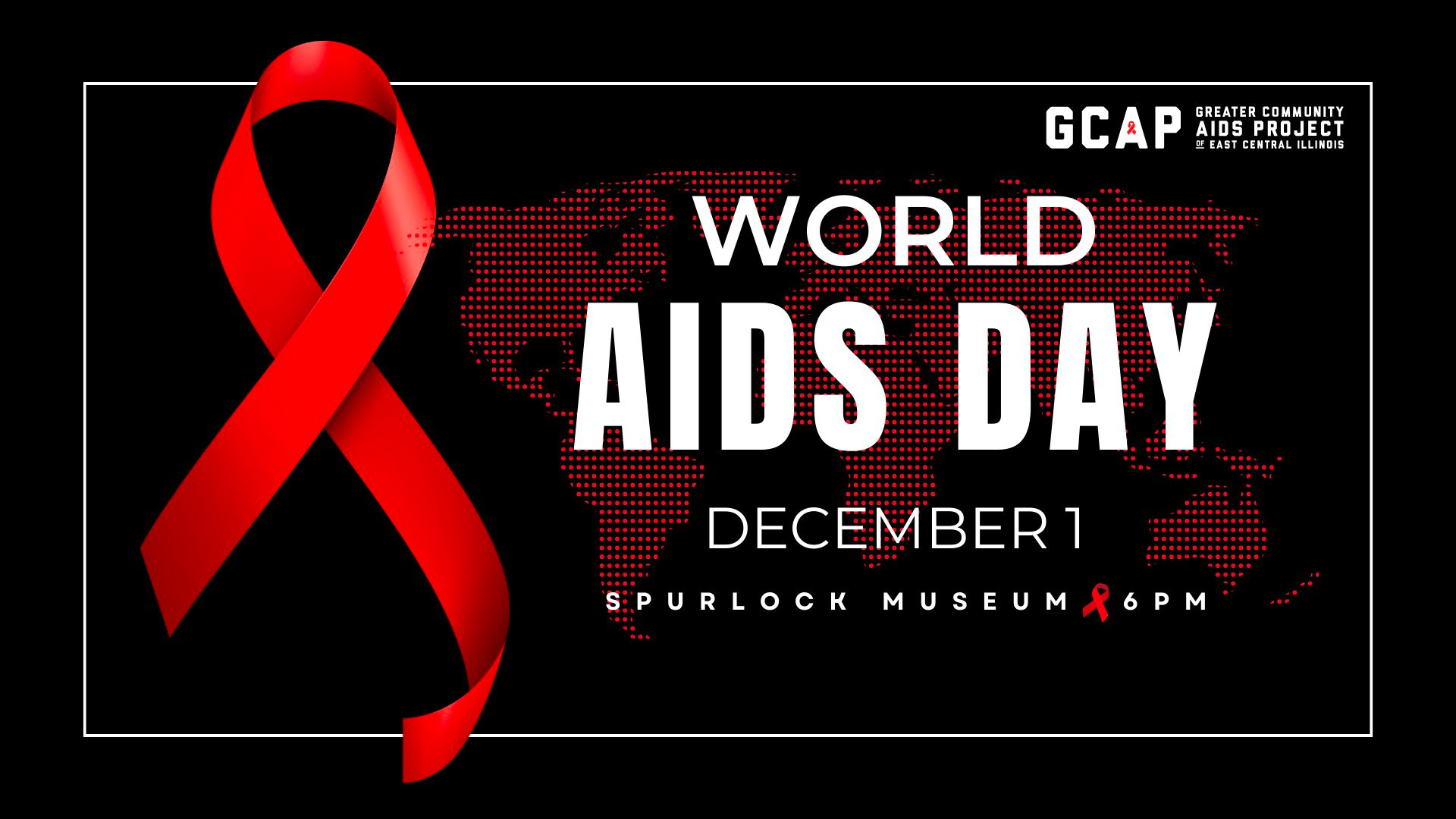 World AIDS day banner superimposed on a red world map graphic with red ribbon