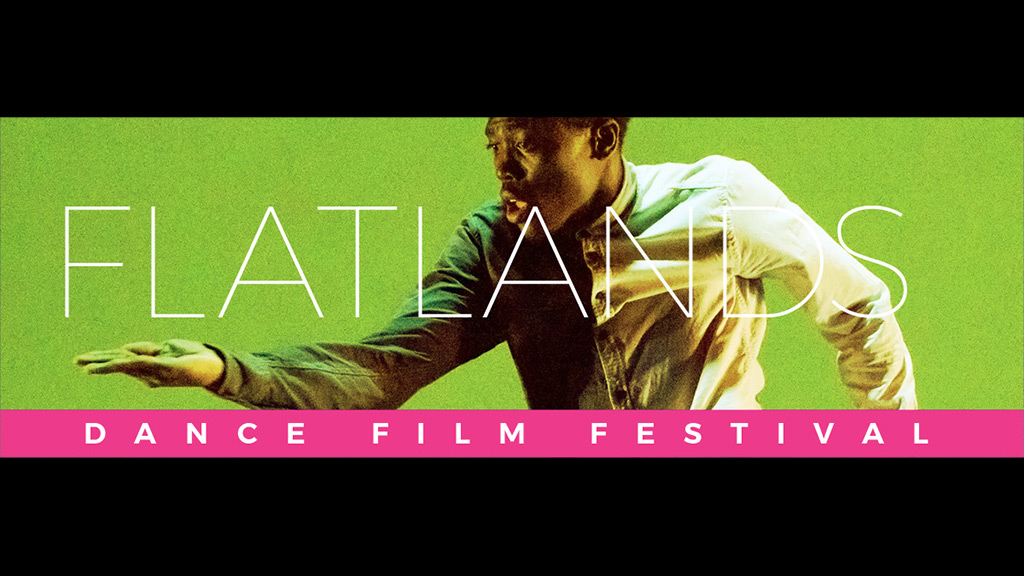 Flatlands Dance Film Festival text with dancer in collared shirt with outstretched hand