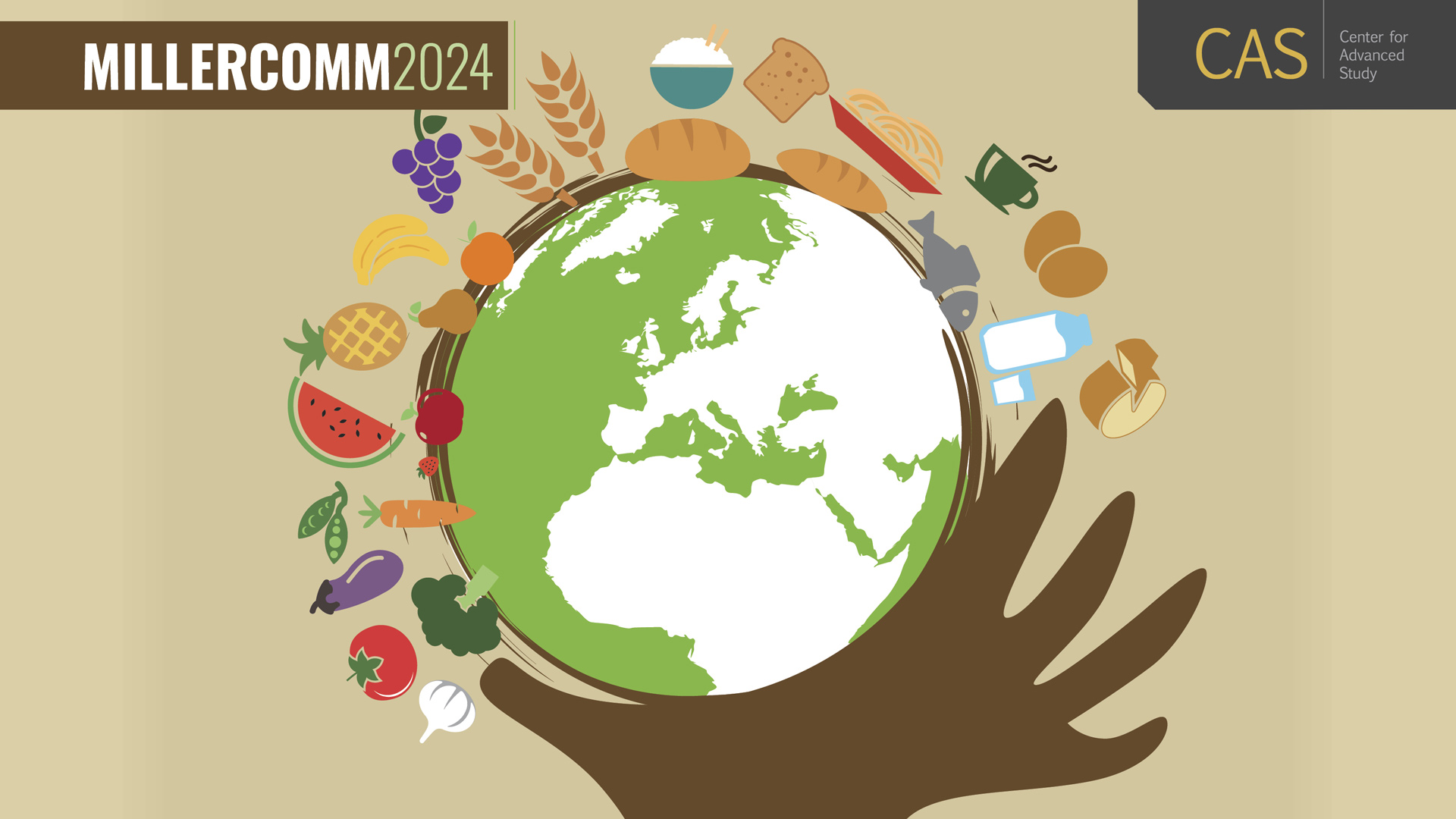 illustration of a hand holding the Earth with lots of food around it
