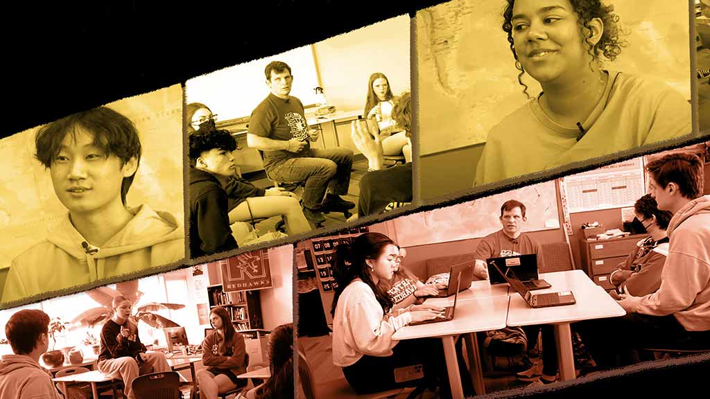 Two rows of students in a classroom, the top with a yellow filter and the bottom with a red filter.