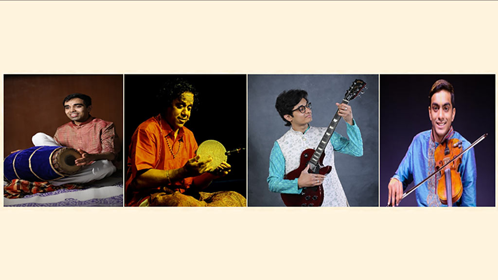 Four individual images of men playing an instrument on a beige background