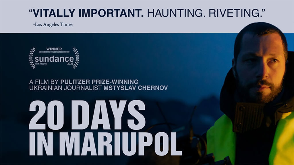 20 Days in Mariupol title with a man dressed in a neon green safety vest carrying a camera in front of a dark blue background