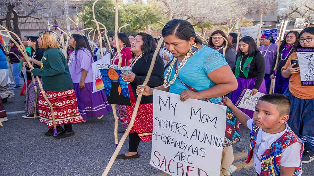 Crowd of Indigenous women protesting