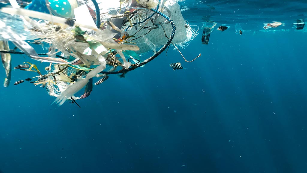 Bundle of plastic waste underwater