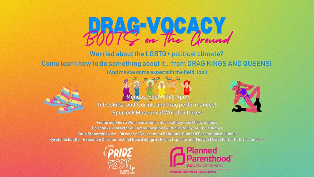 Drag-vocacy in bold blue letters, planned parenthood logo in pink, and pride fest logo in white on a rainbow background