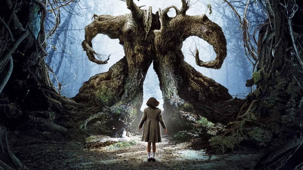 looking behind a girl in a dress as she approaches a fantastical looking tree trunk with a door and apparent horn designs in a creepy forest