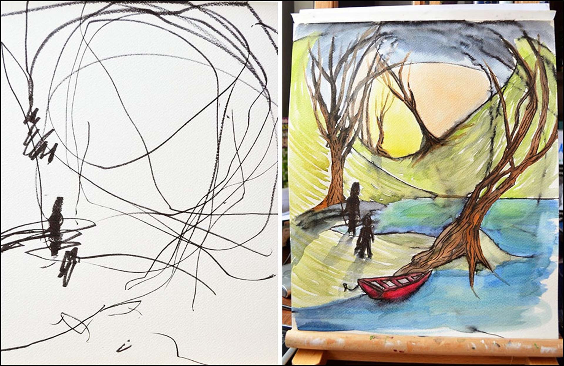 Side-by-side comparison of a drawing first done in black abstract lines, then colored in with watercolor.