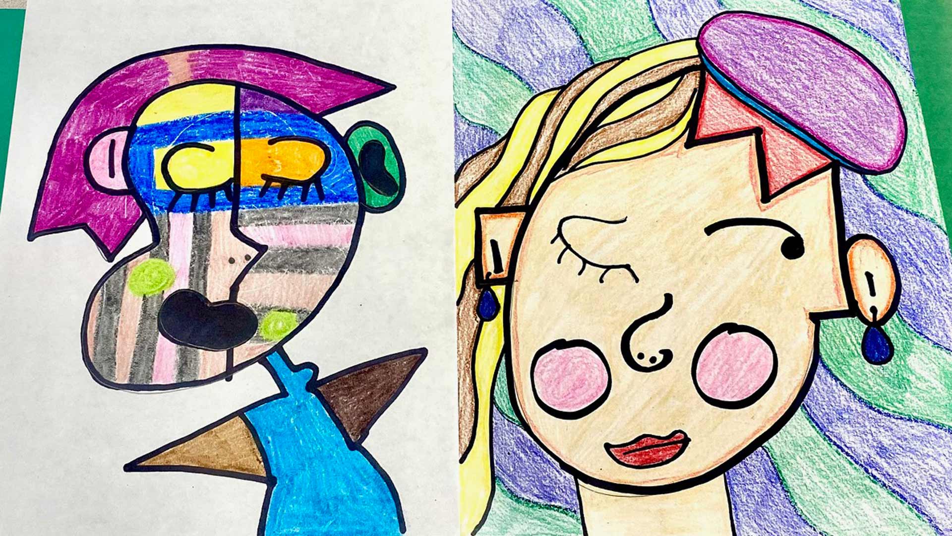 Colorful abstract portrait drawings drawn with black Sharpie and crayon.