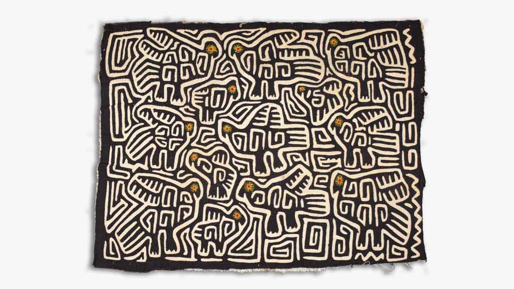 Brown and white decorative cloth with abstract birds composed of intricate lines