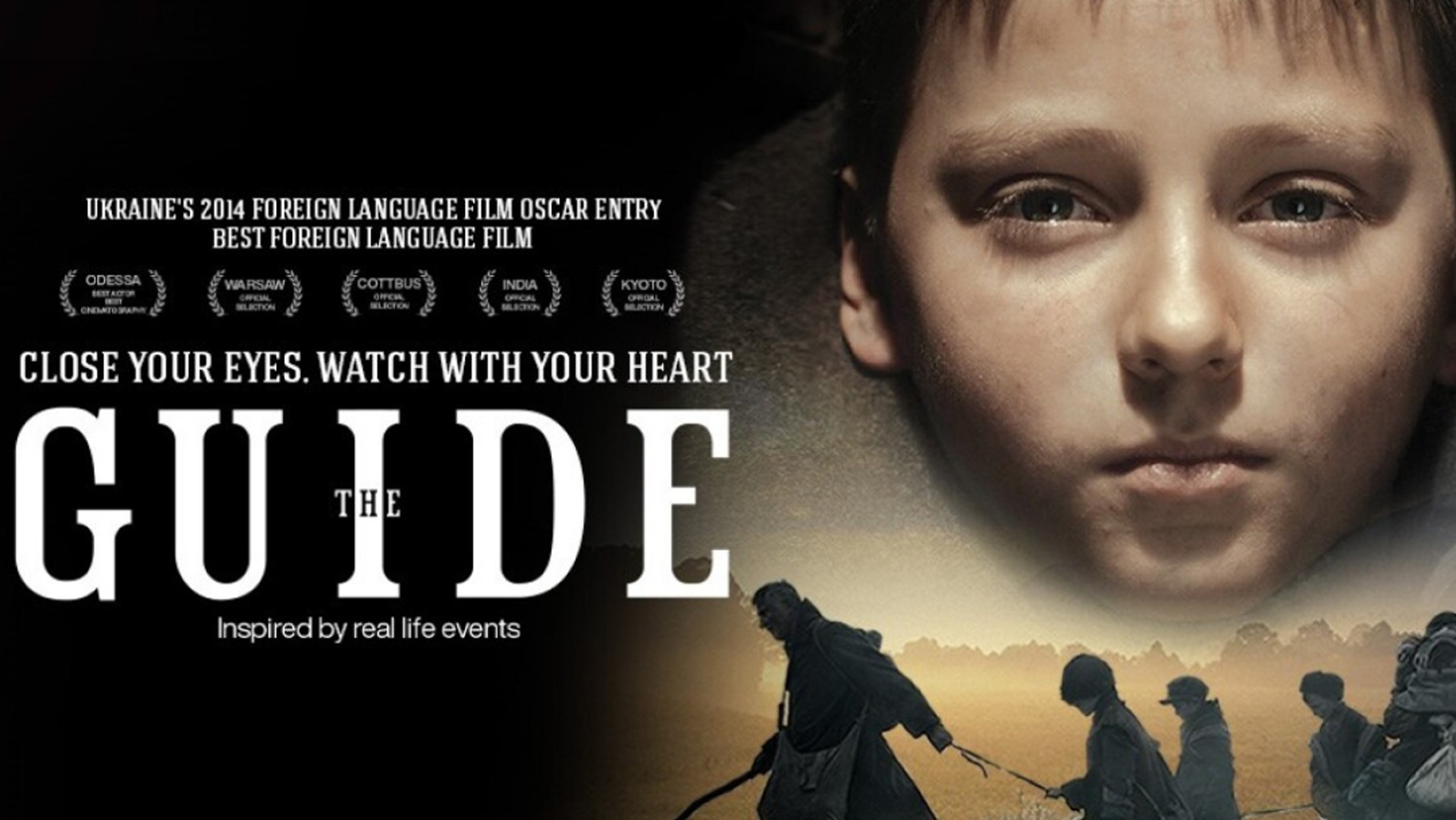 The Guide movie poster with a solemn faced boy in front and four silhouettes of people being led across a landscape.