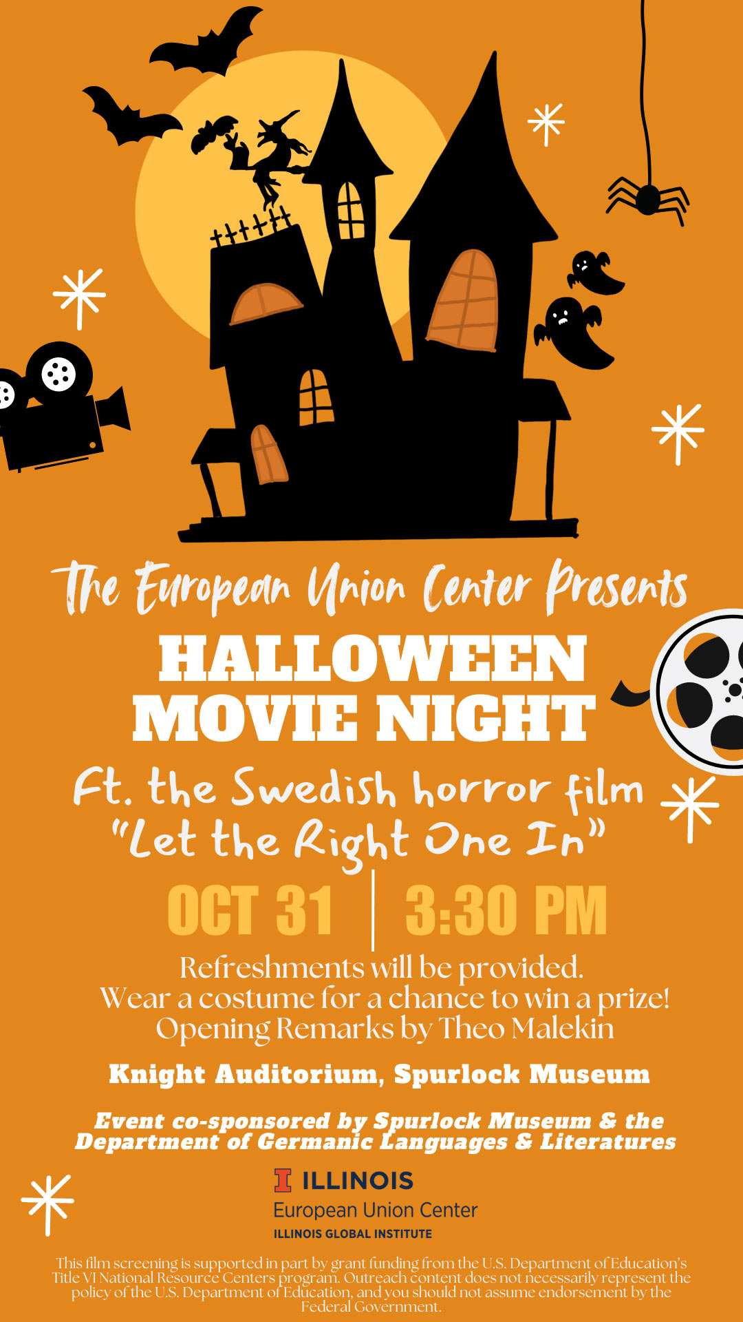 Event flyer for movie night in black and orange with a haunted house, ghosts, bats, and a spider in the background.