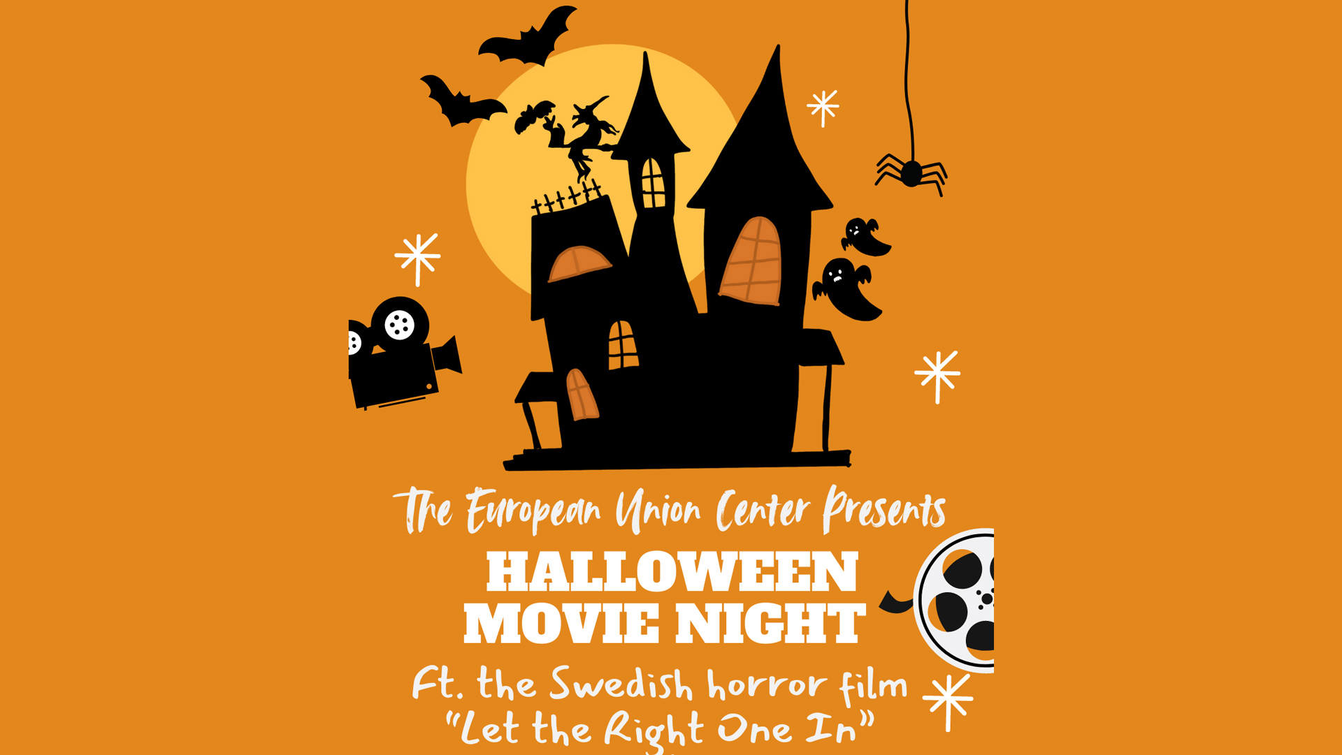 Event flyer for movie night in black and orange with a haunted house, ghosts, bats, and a spider in the background.