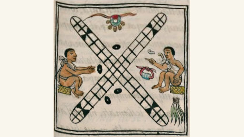 Drawing of two people playing a game, featuring four black discs and a large X-shaped marking on the ground