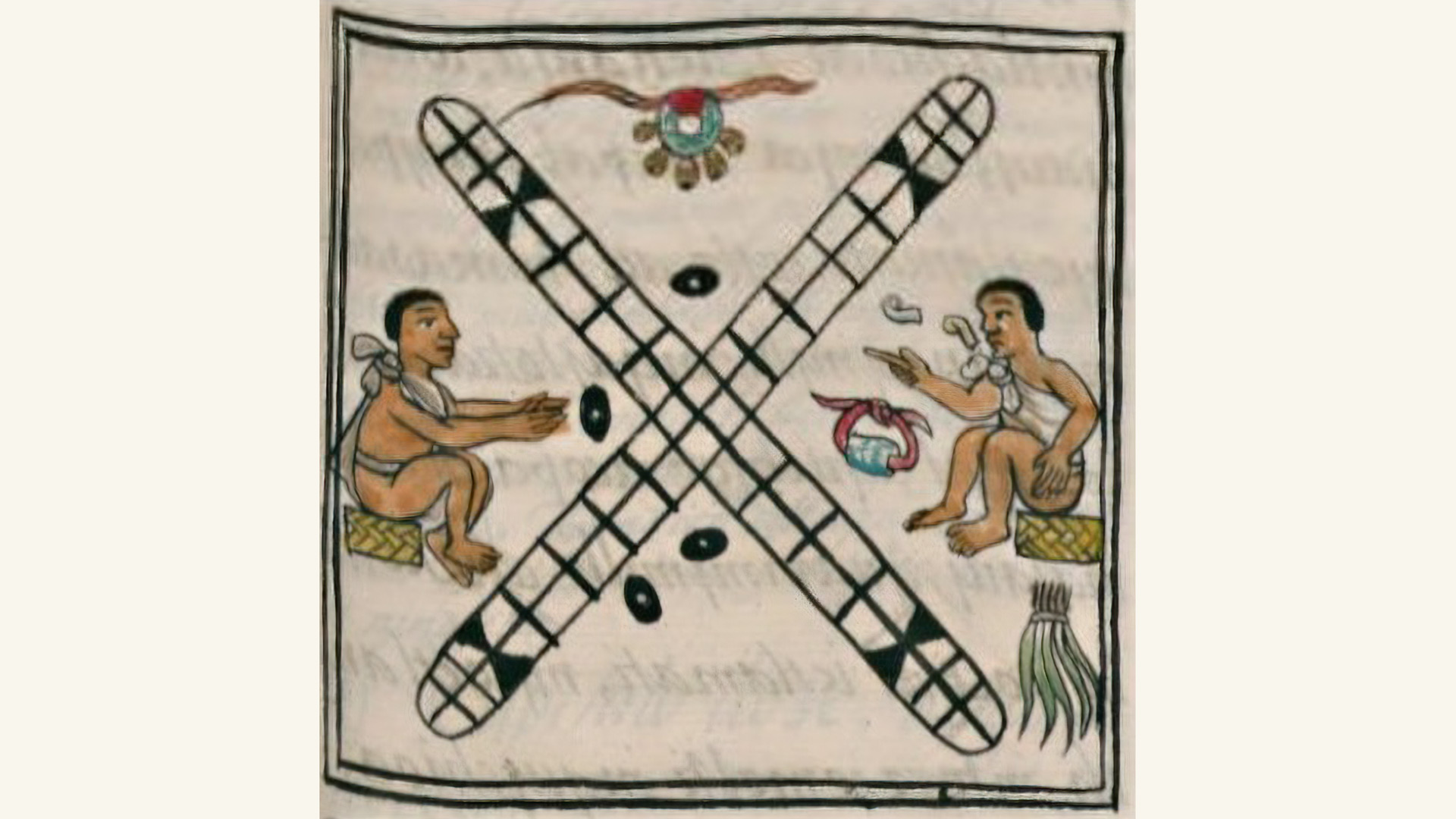 Drawing of two people playing a game, featuring four black discs and a large X-shaped marking on the ground