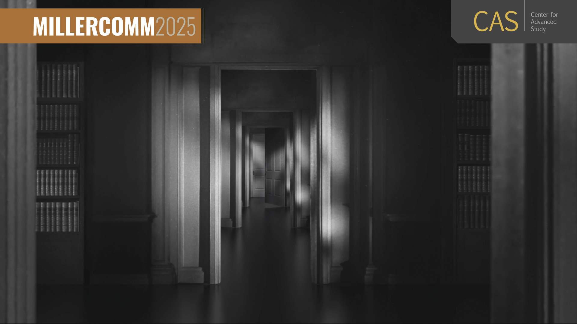 Black and white photo of a library room with a seemingly infinite series of doorways