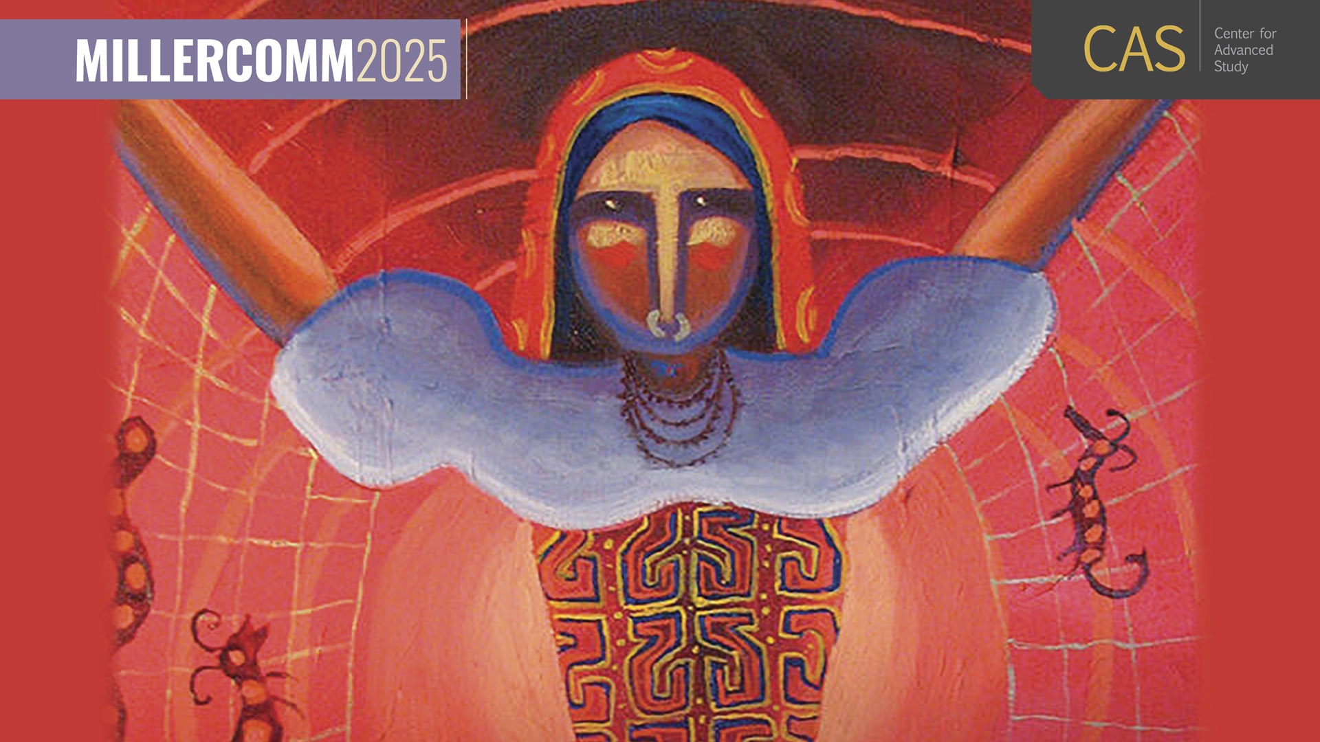 Abstract painting of a young woman wearing a veil, comprised mostly of reds and purples