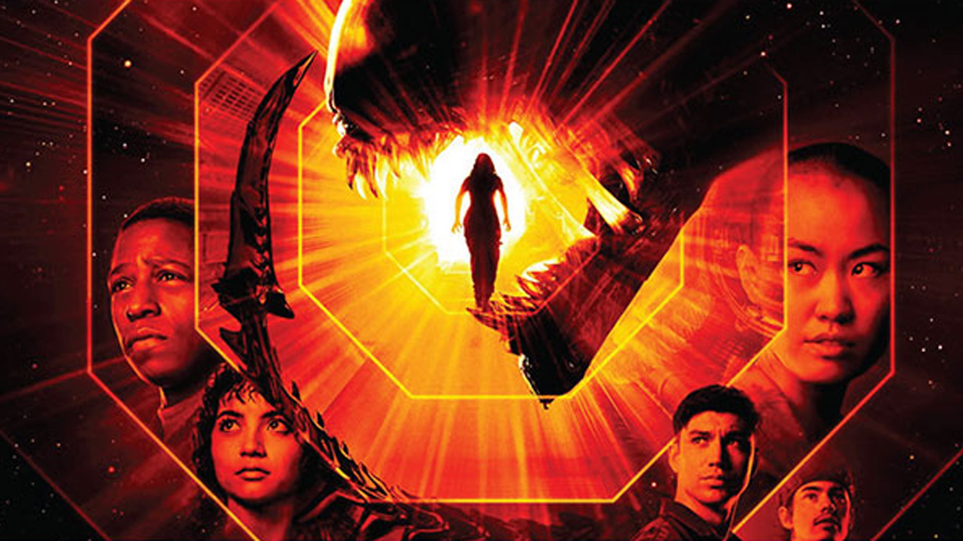 Silhouette of an alien's mouth opening around a woman's body, with the faces of other characters framing the alien