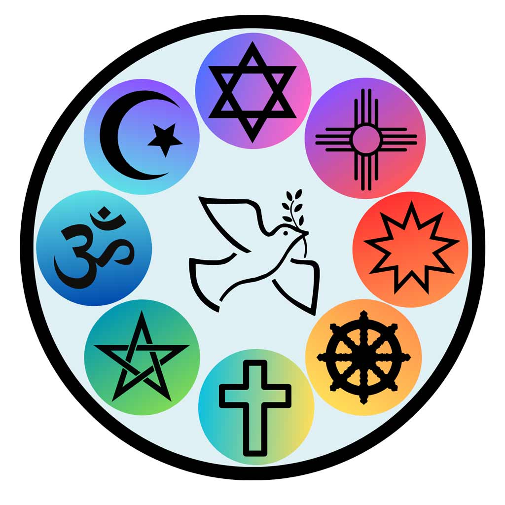Interfaith Alliance of Champaign County logo featuring a ring of various religious symbols with a bird in the center.