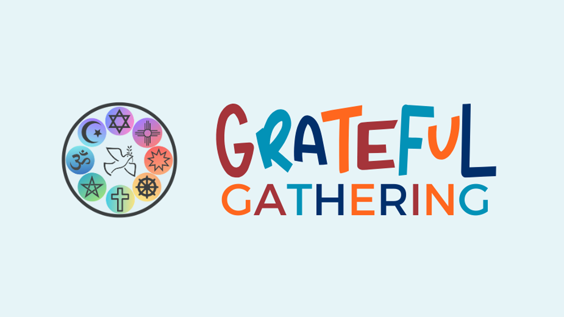Interfaith Alliance of Champaign County logo featuring a ring of various religious symbols with a bird in the center and event name in colorful lettering.