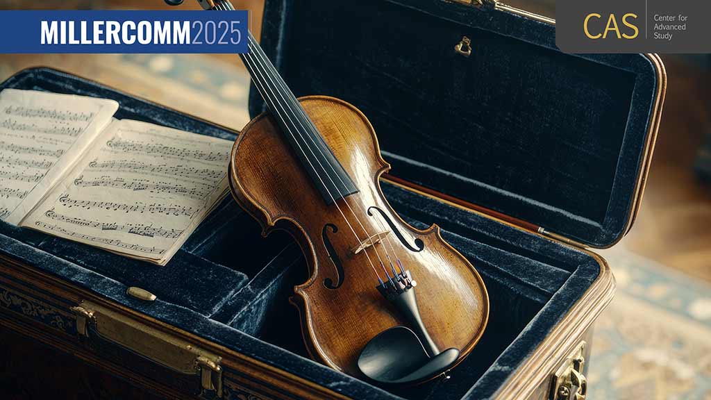 Violin in a case with sheet music and the millercom CAS logo