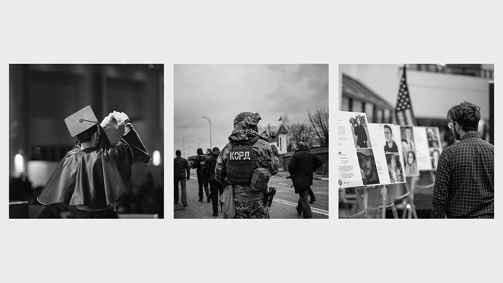 Black and white images of a graduate in cap and gown, a soldier, and exhibit panels.