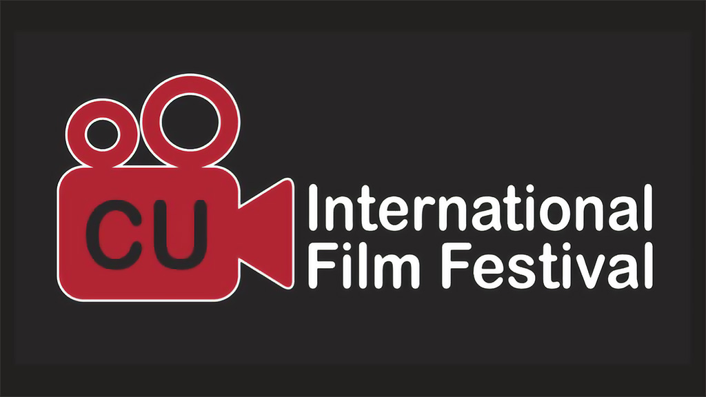 red line art drawing of a movie camera with CU International Film Festival text