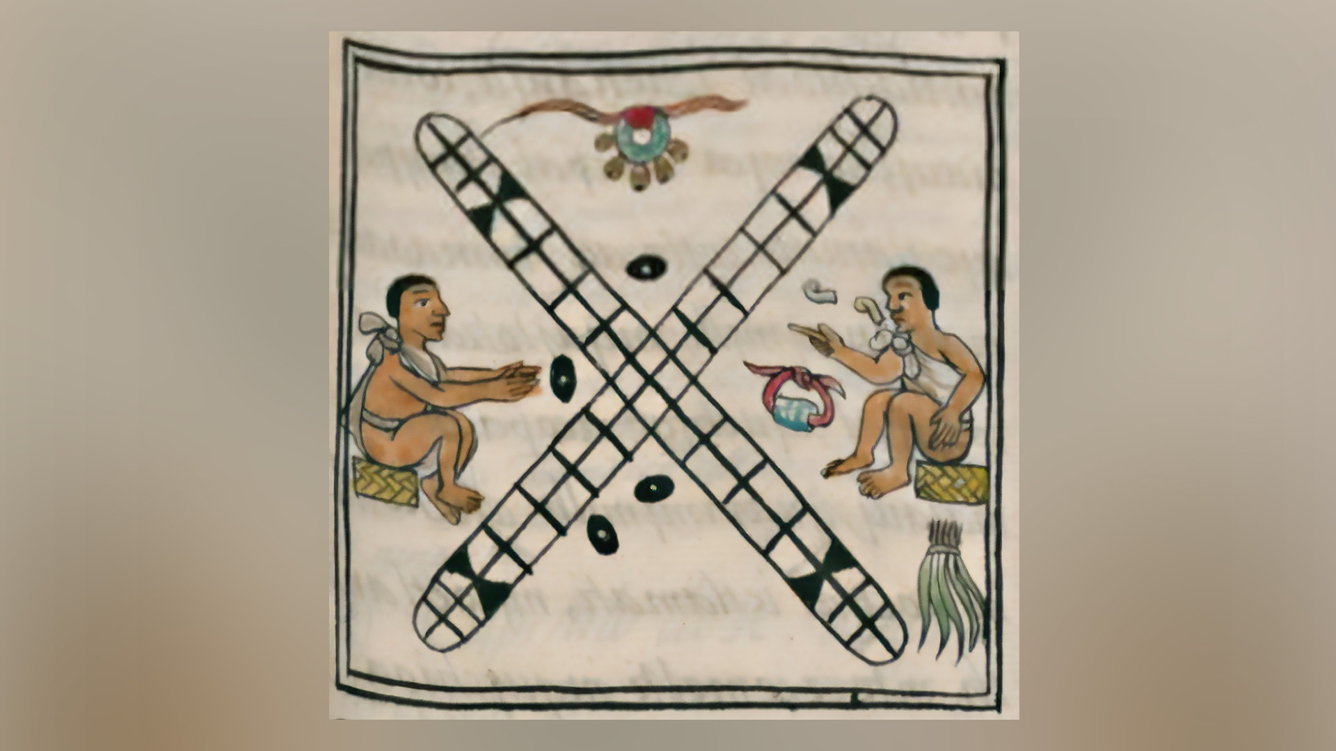 square textile or parper artifact with culturally specific illustrations featuring a prominent X shape and two seated male figures facing each other