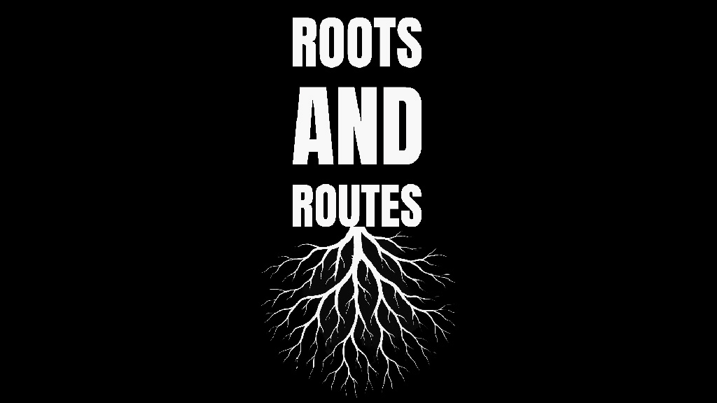 Roots and routes bold text stacked on top on a stylized graphic of a tree root structure