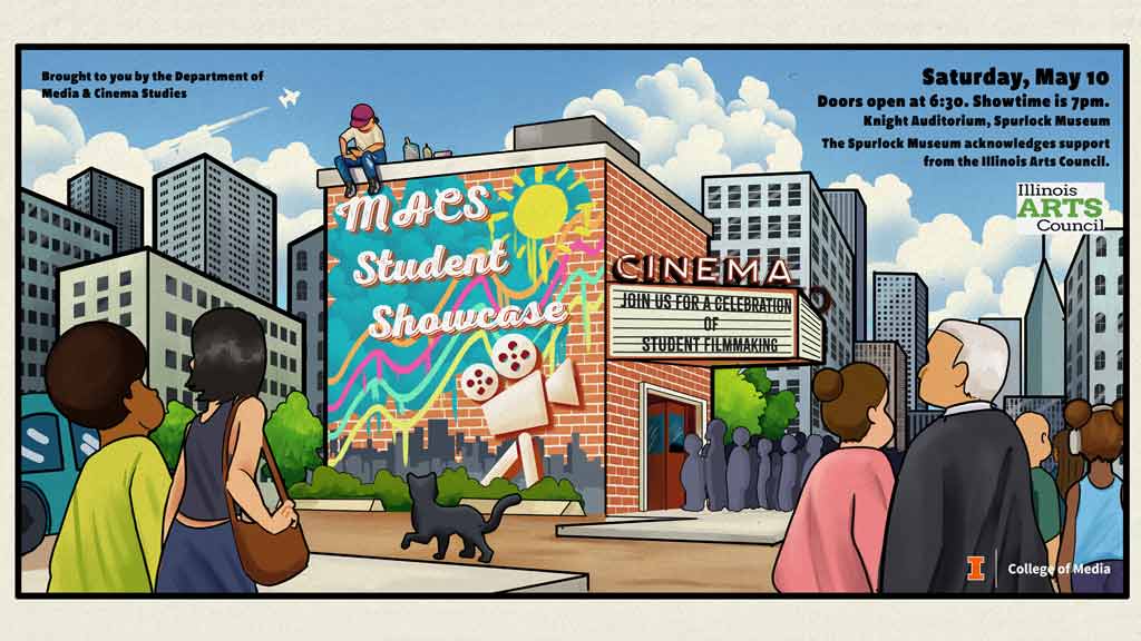 Colorful illustration of people walking towards a movie theater with a sign saying "MACS Student Showcase"