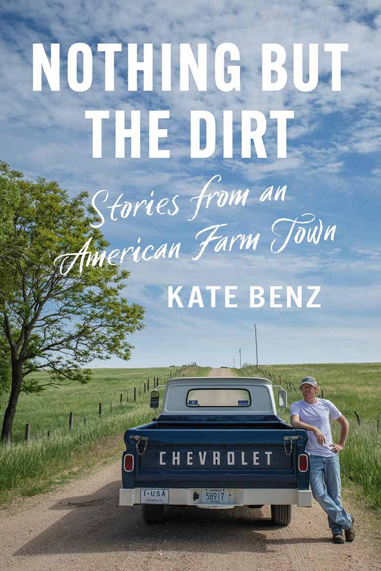 Book cover with a dirt road at the center surrounded by grass plains and a man in a white shirt and blue jeans leaning against a blue Chevrolet pickup truck, and the title and author in white text.