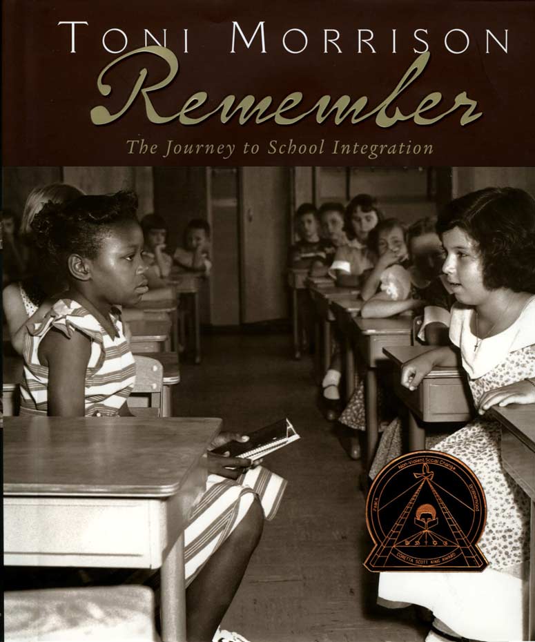 A book cover with the title and author and an image of an old fashion classroom with a black girl and a white girl sitting at their desks, looking at each other.