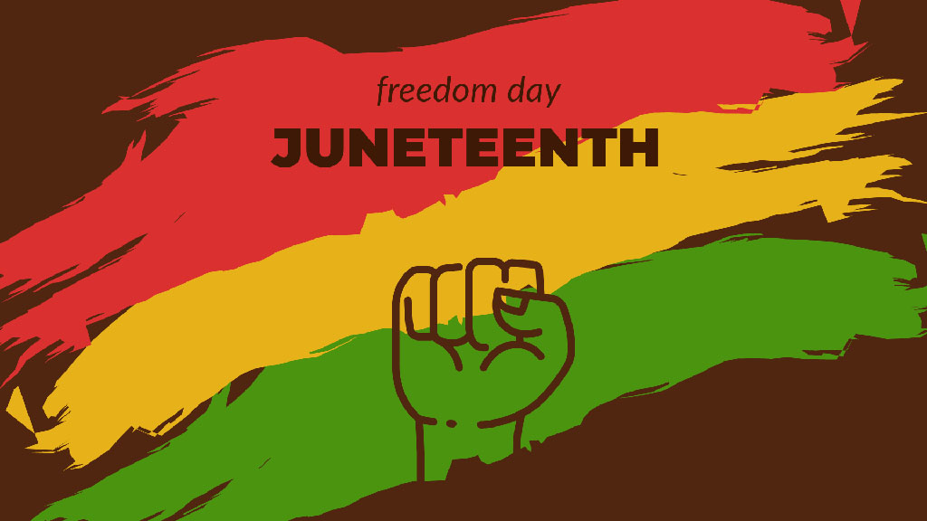 freedom day "Juneteenth" text with raised fist in front of color streaks of red, yellow, and green