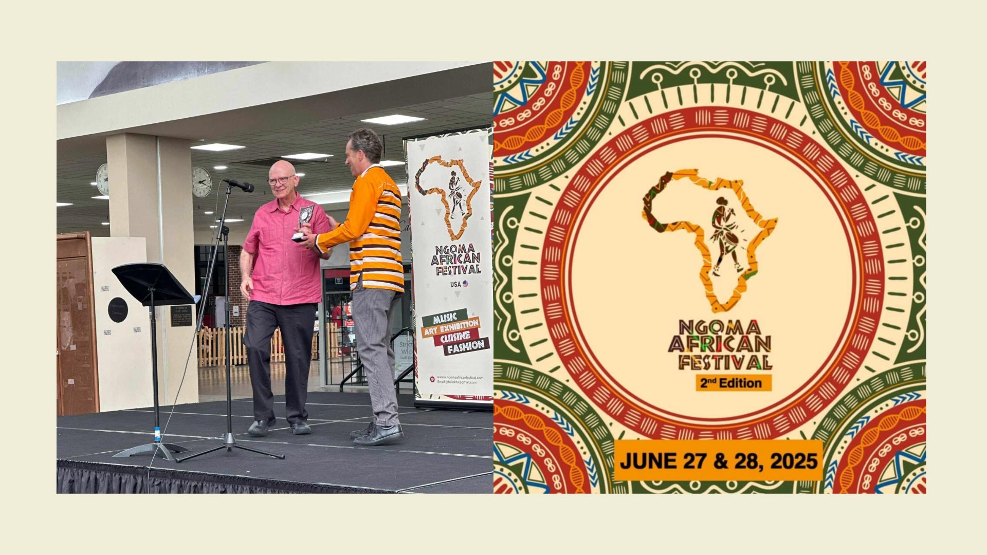 two men stand on a small stage, alongside an event logo with circular red, green, and cream colored designs
