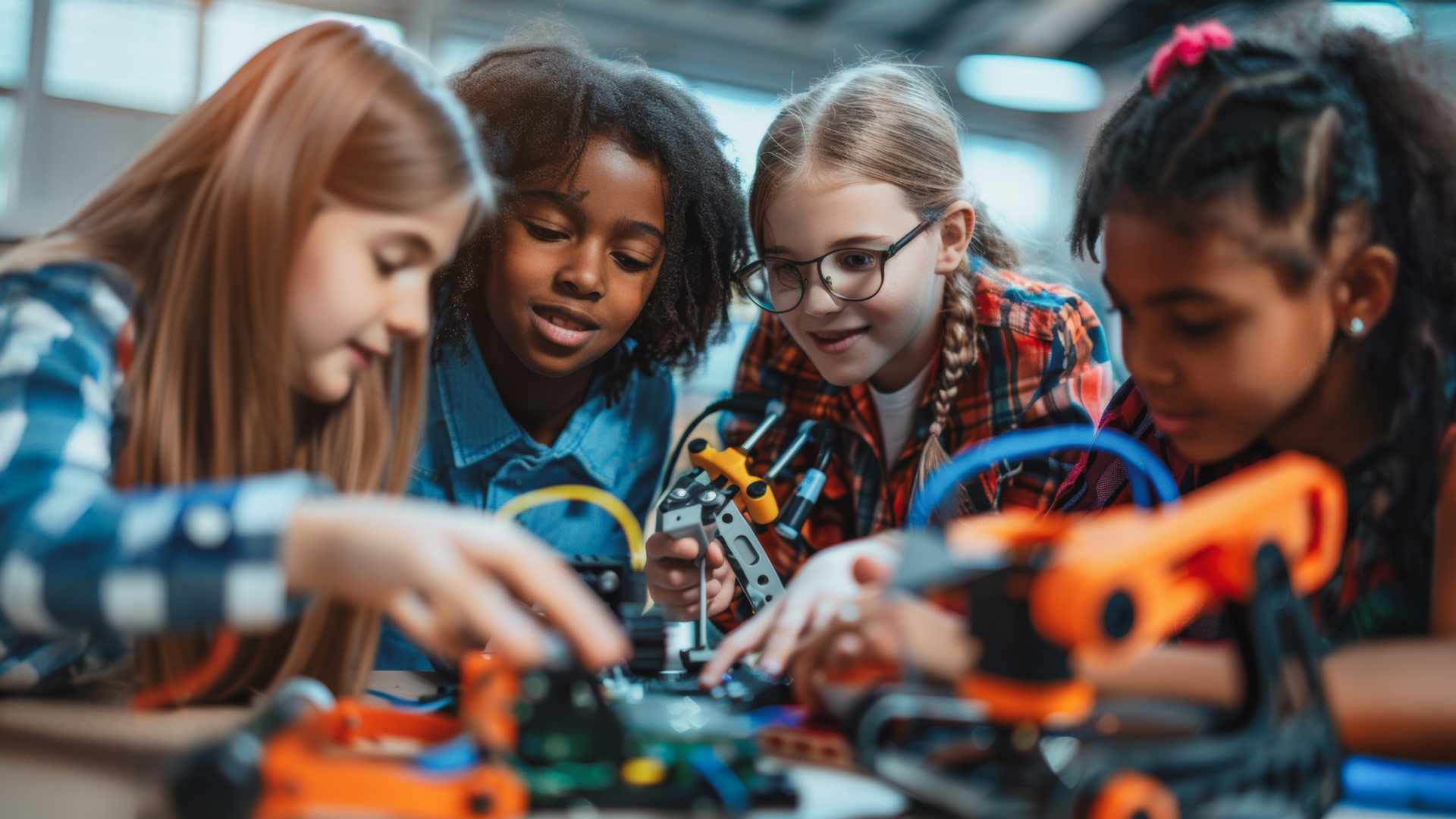 A group of children working together on a mechanical project.