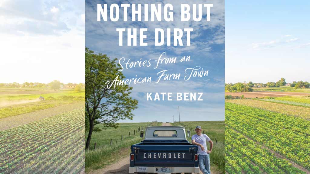 A book cover with a dirt road at the center surrounded by grass plains and a man in a white shirt and blue jeans leaning against a blue Chevrolet pickup truck, and the title and author in white text.