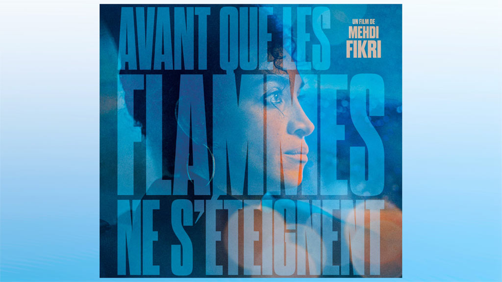 Dramatically lit side portrait of a woman with dark hair stylized in a blue tint with film title overlaid on top