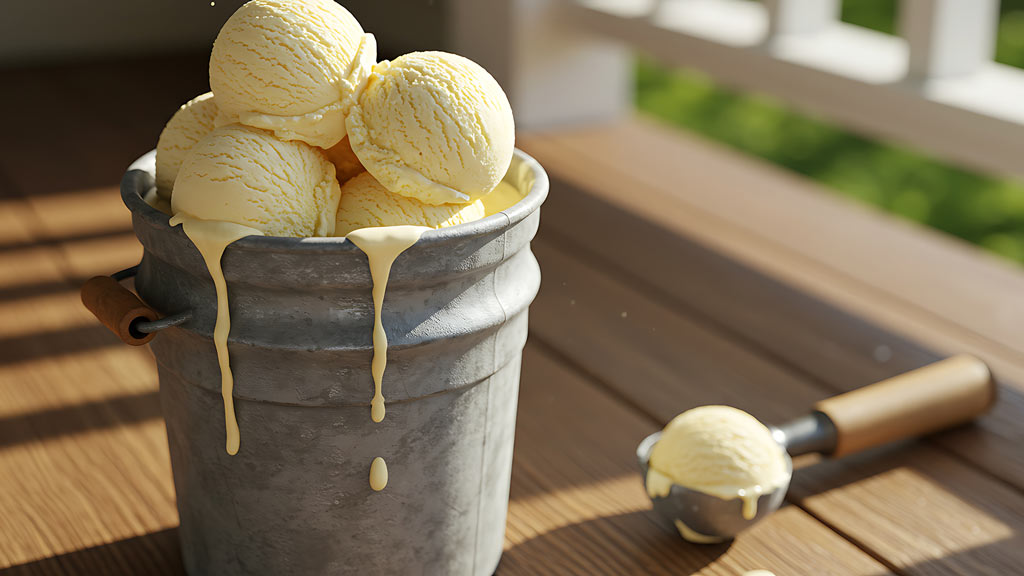 ice cream scoops in a silver bowl with a scooper on a wooden table in front of an open window